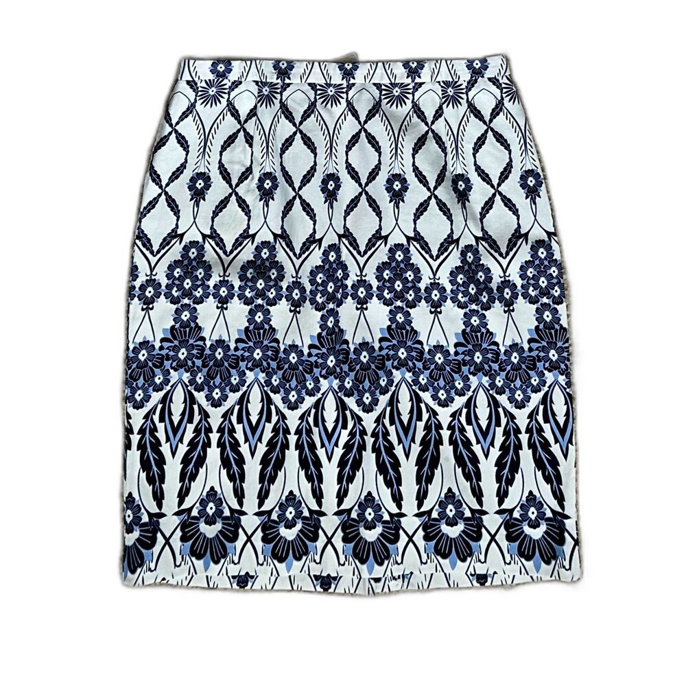 Lila Rose A-Line Stretch Cotton/Spandex Floral Blue White Skirt Zip Back Size 10